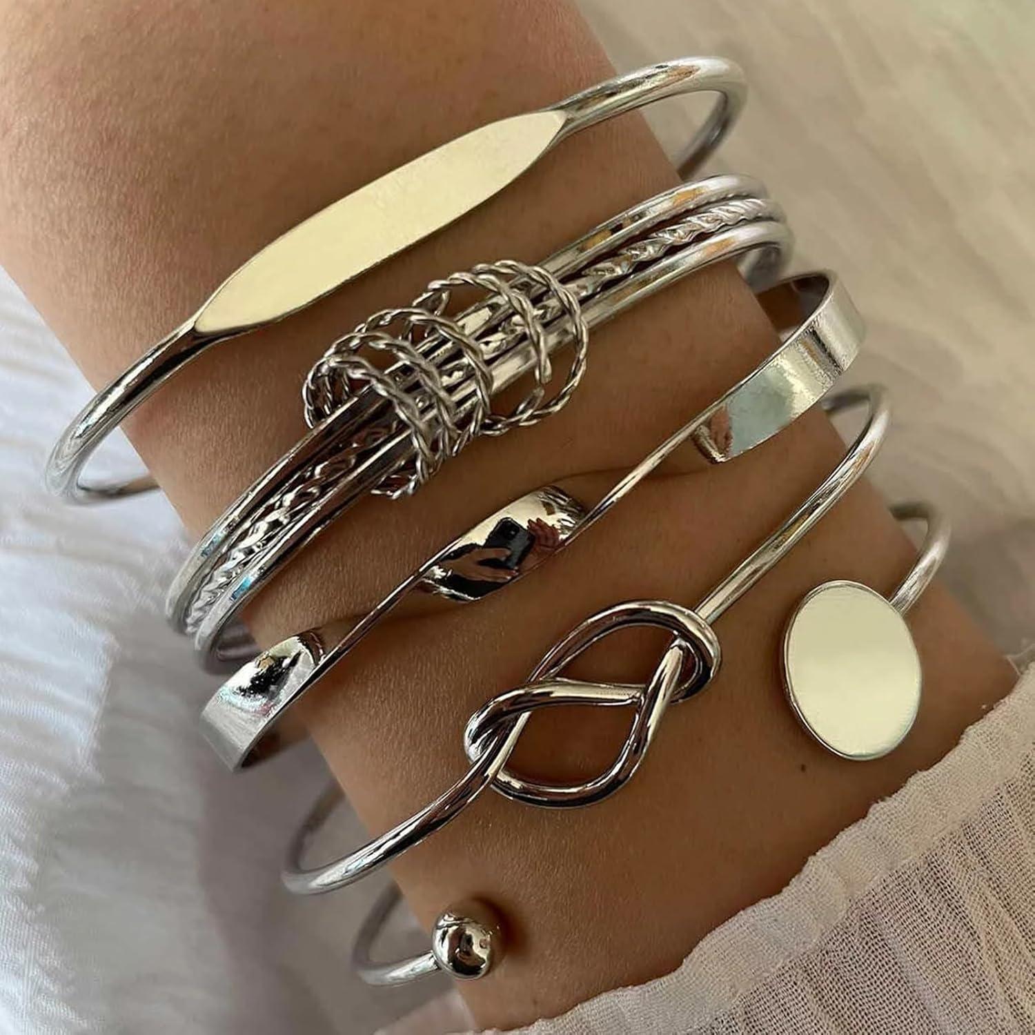 image17IF Silver Bangle Bracelet For Women 14k Plated Multi Layer Cuff Bracelets Set Trendy Boho Textured Indian Punk Chunky Cable Smooth Bangles Elegance Stack Minimalist Jewelry GiftTogether