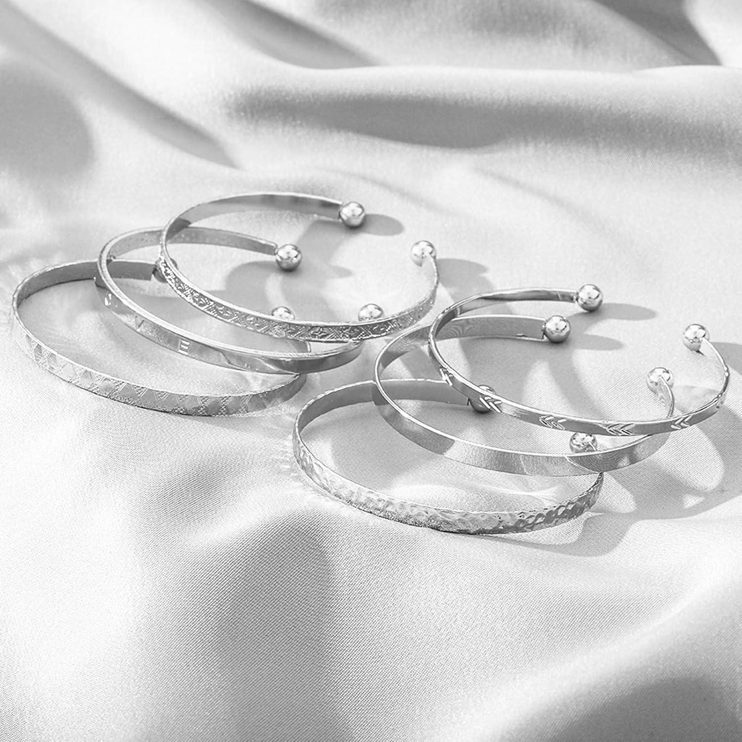 image17IF Silver Bangle Bracelet For Women 14k Plated Multi Layer Cuff Bracelets Set Trendy Boho Textured Indian Punk Chunky Cable Smooth Bangles Elegance Stack Minimalist Jewelry GiftLove