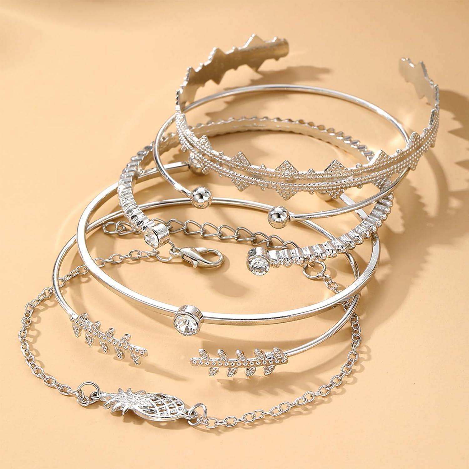 image17IF Silver Bangle Bracelet For Women 14k Plated Multi Layer Cuff Bracelets Set Trendy Boho Textured Indian Punk Chunky Cable Smooth Bangles Elegance Stack Minimalist Jewelry GiftPineapple