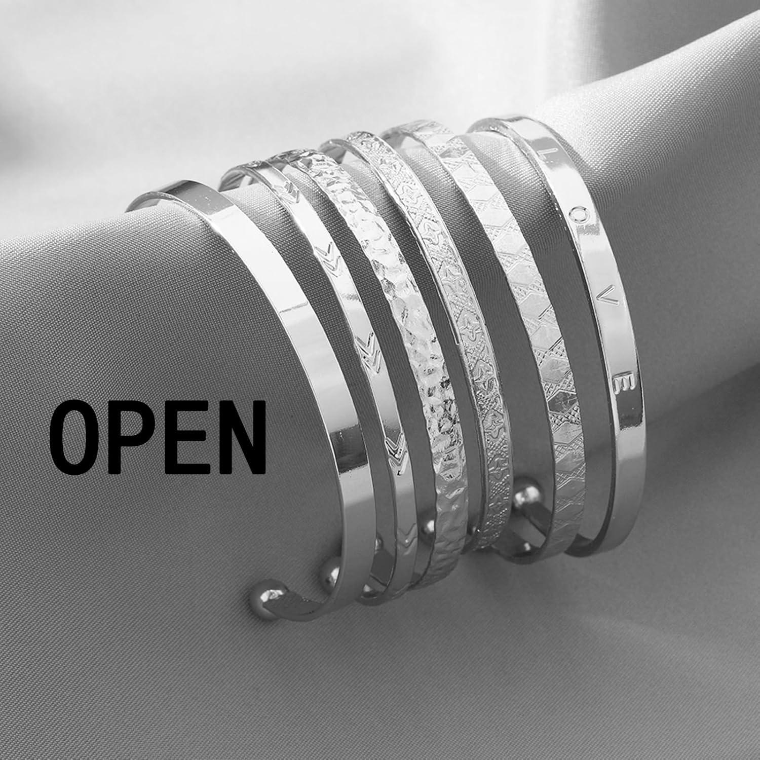 image17IF Silver Bangle Bracelet For Women 14k Plated Multi Layer Cuff Bracelets Set Trendy Boho Textured Indian Punk Chunky Cable Smooth Bangles Elegance Stack Minimalist Jewelry GiftLove
