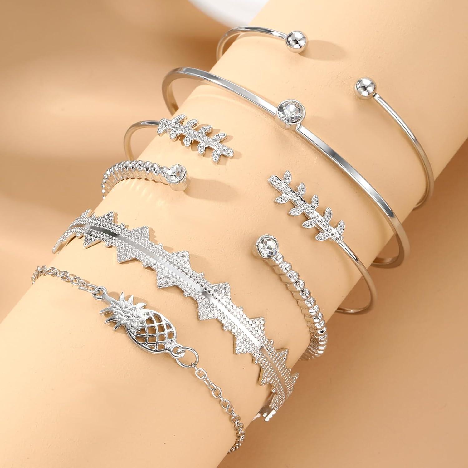 image17IF Silver Bangle Bracelet For Women 14k Plated Multi Layer Cuff Bracelets Set Trendy Boho Textured Indian Punk Chunky Cable Smooth Bangles Elegance Stack Minimalist Jewelry GiftPineapple