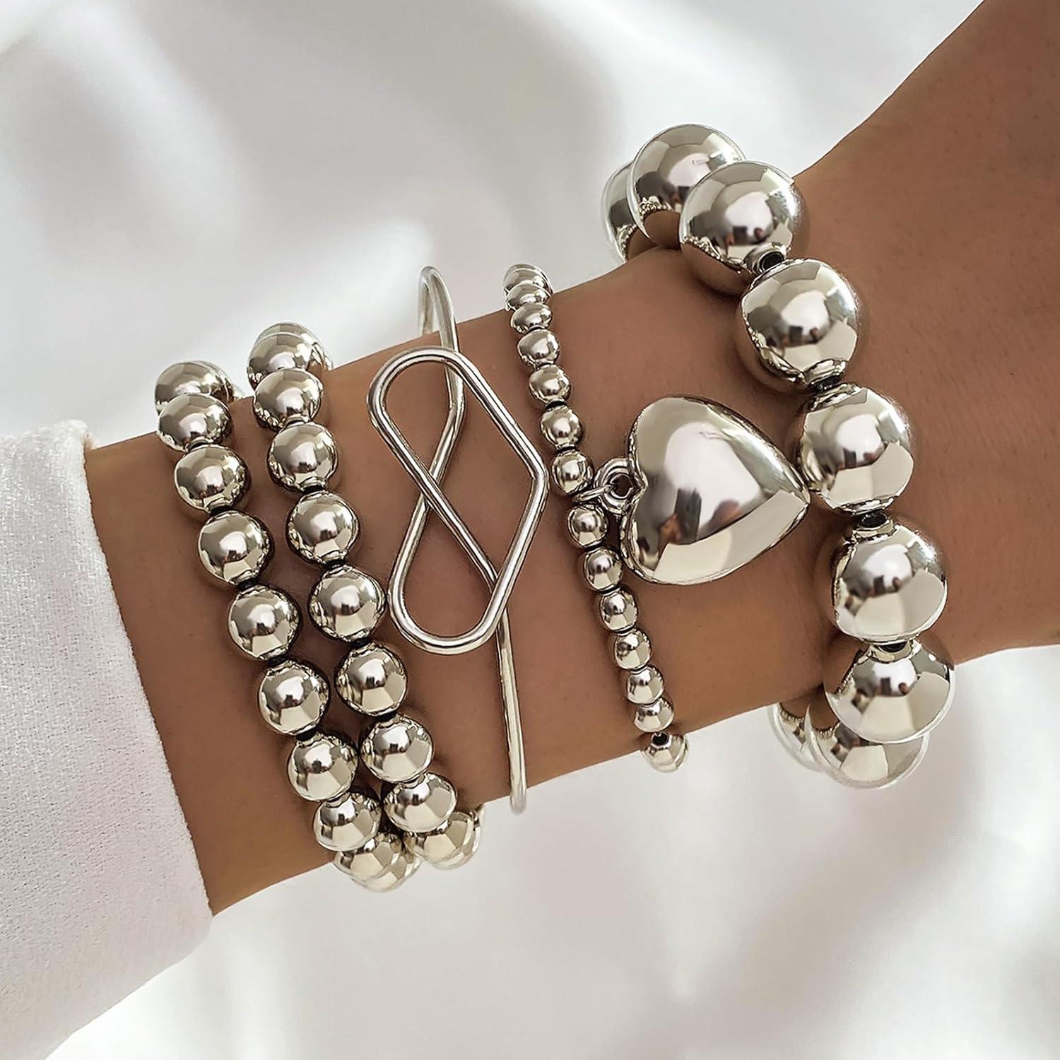 image17IF Silver Bangle Bracelet For Women 14k Plated Multi Layer Cuff Bracelets Set Trendy Boho Textured Indian Punk Chunky Cable Smooth Bangles Elegance Stack Minimalist Jewelry GiftBall