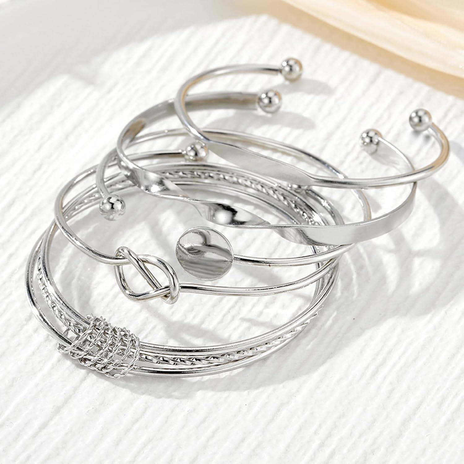 image17IF Silver Bangle Bracelet For Women 14k Plated Multi Layer Cuff Bracelets Set Trendy Boho Textured Indian Punk Chunky Cable Smooth Bangles Elegance Stack Minimalist Jewelry GiftTogether