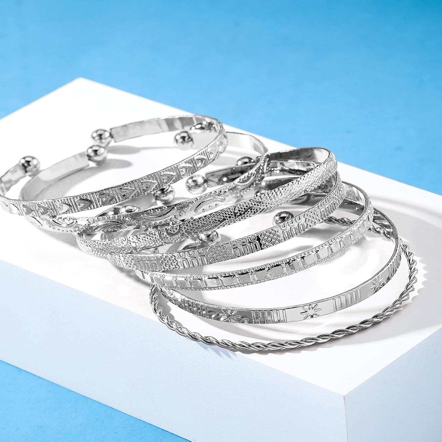 image17IF Silver Bangle Bracelet For Women 14k Plated Multi Layer Cuff Bracelets Set Trendy Boho Textured Indian Punk Chunky Cable Smooth Bangles Elegance Stack Minimalist Jewelry GiftBoho