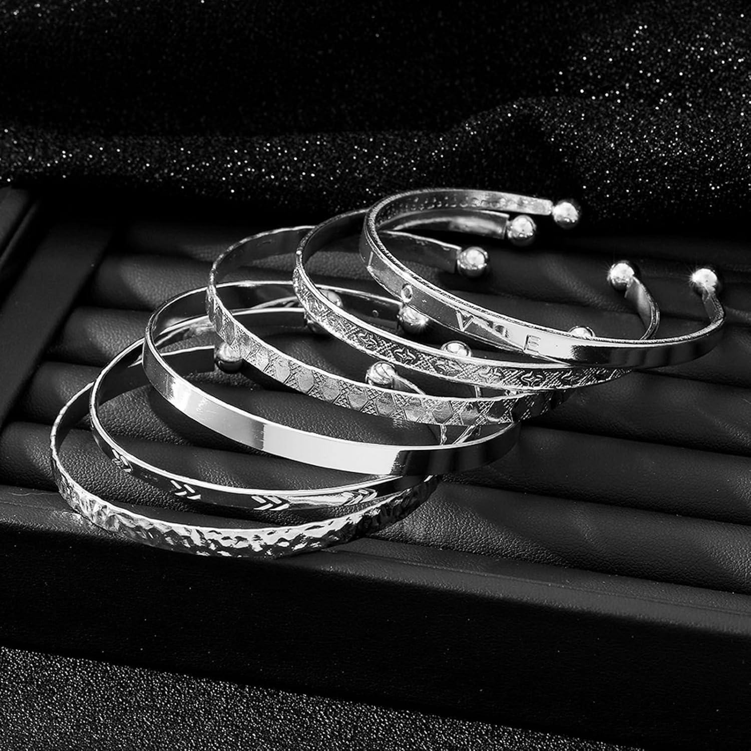 image17IF Silver Bangle Bracelet For Women 14k Plated Multi Layer Cuff Bracelets Set Trendy Boho Textured Indian Punk Chunky Cable Smooth Bangles Elegance Stack Minimalist Jewelry GiftLove