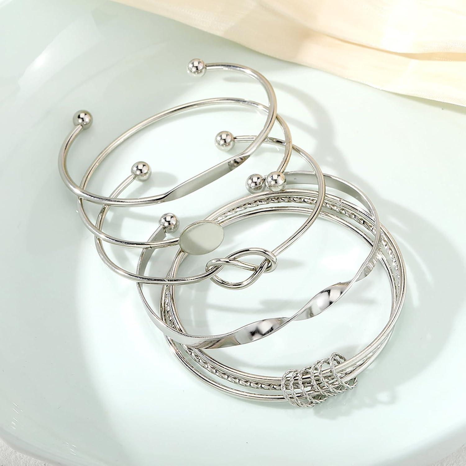 image17IF Silver Bangle Bracelet For Women 14k Plated Multi Layer Cuff Bracelets Set Trendy Boho Textured Indian Punk Chunky Cable Smooth Bangles Elegance Stack Minimalist Jewelry GiftTogether