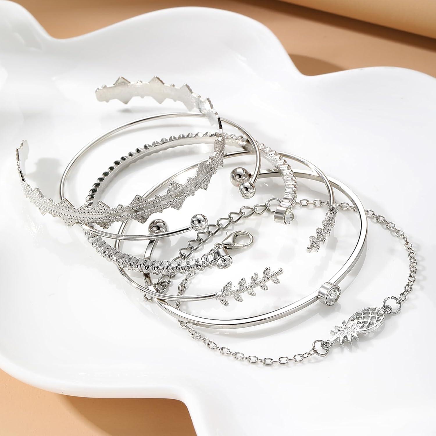 image17IF Silver Bangle Bracelet For Women 14k Plated Multi Layer Cuff Bracelets Set Trendy Boho Textured Indian Punk Chunky Cable Smooth Bangles Elegance Stack Minimalist Jewelry GiftPineapple