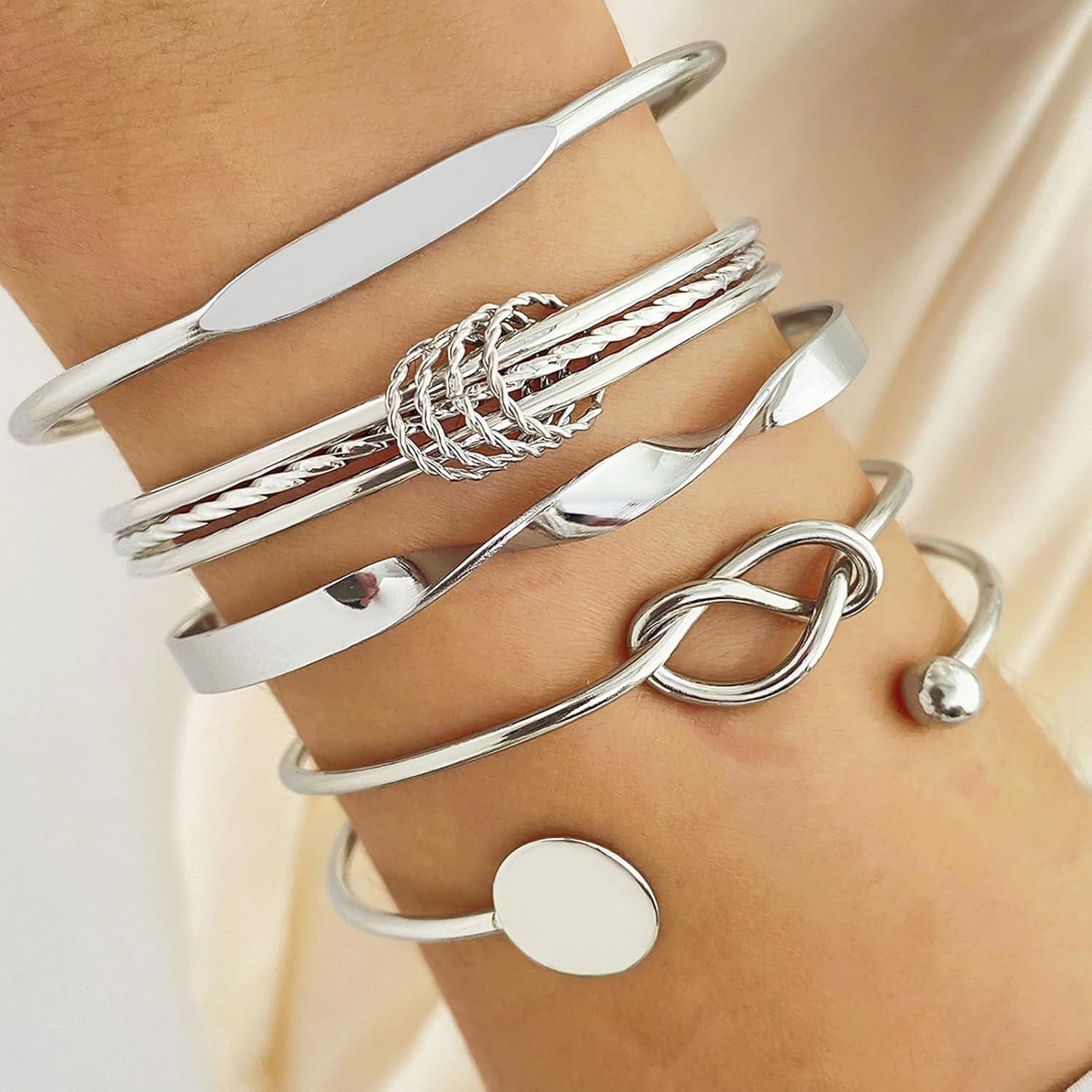 image17IF Silver Bangle Bracelet For Women 14k Plated Multi Layer Cuff Bracelets Set Trendy Boho Textured Indian Punk Chunky Cable Smooth Bangles Elegance Stack Minimalist Jewelry GiftTogether