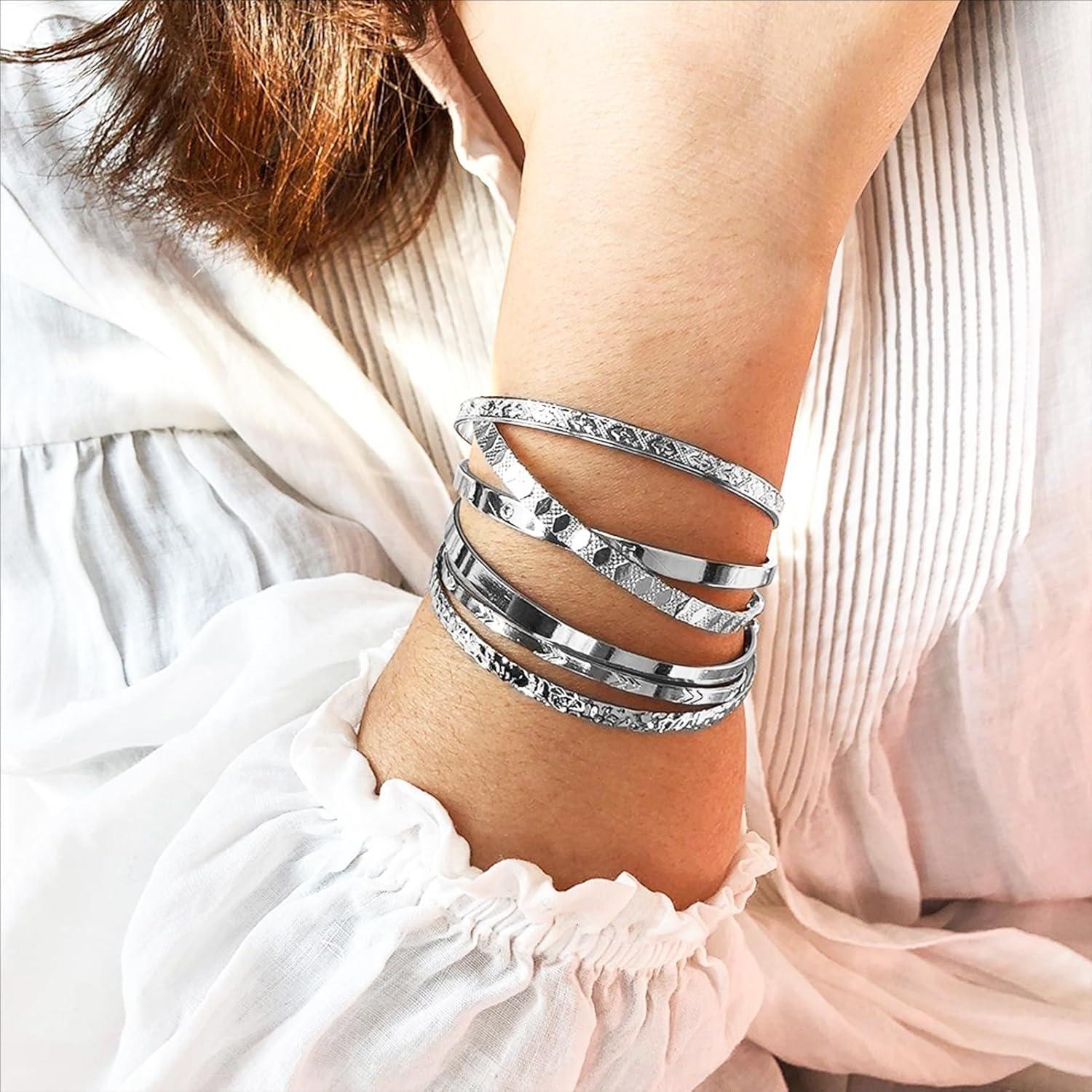 image17IF Silver Bangle Bracelet For Women 14k Plated Multi Layer Cuff Bracelets Set Trendy Boho Textured Indian Punk Chunky Cable Smooth Bangles Elegance Stack Minimalist Jewelry GiftLove