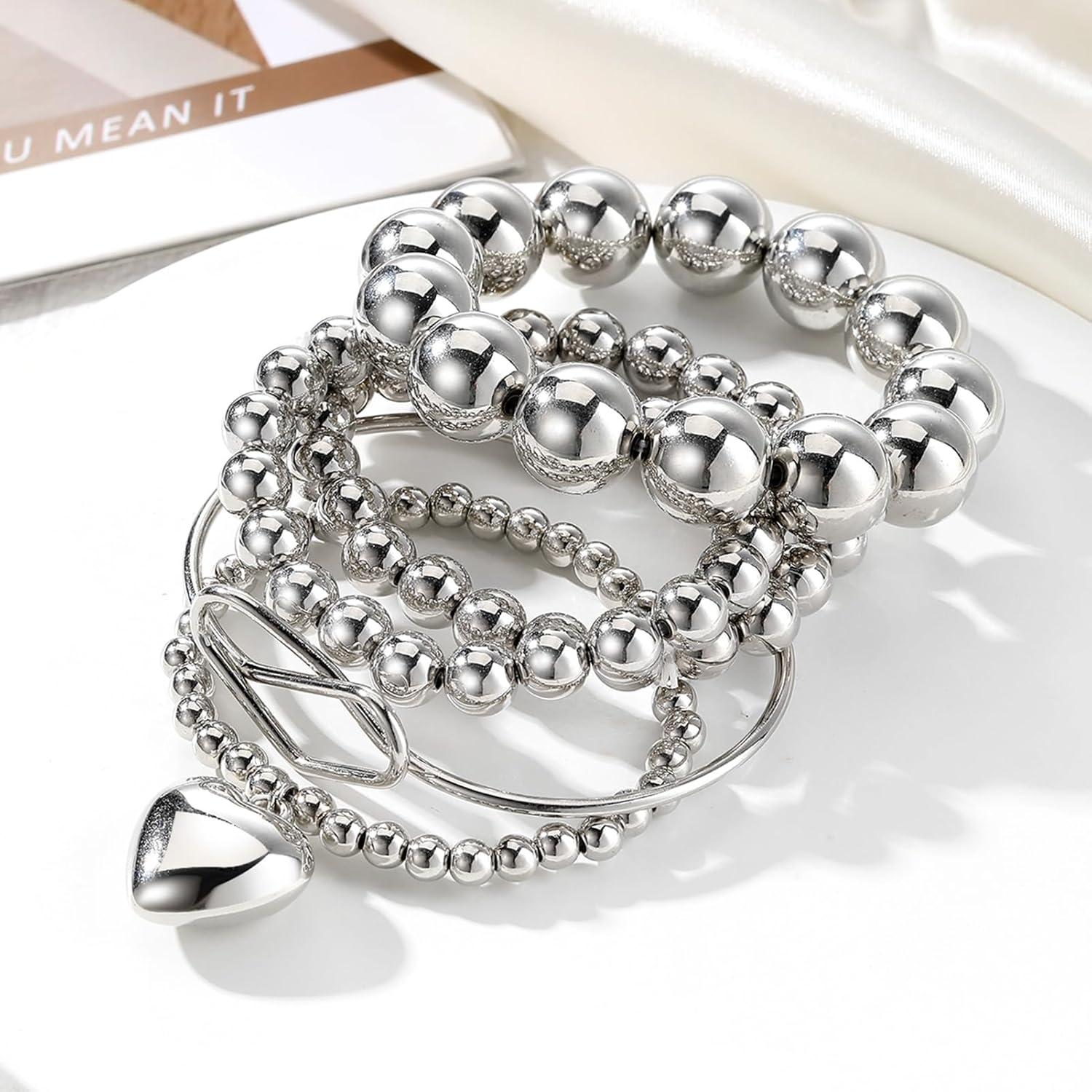 image17IF Silver Bangle Bracelet For Women 14k Plated Multi Layer Cuff Bracelets Set Trendy Boho Textured Indian Punk Chunky Cable Smooth Bangles Elegance Stack Minimalist Jewelry GiftBall