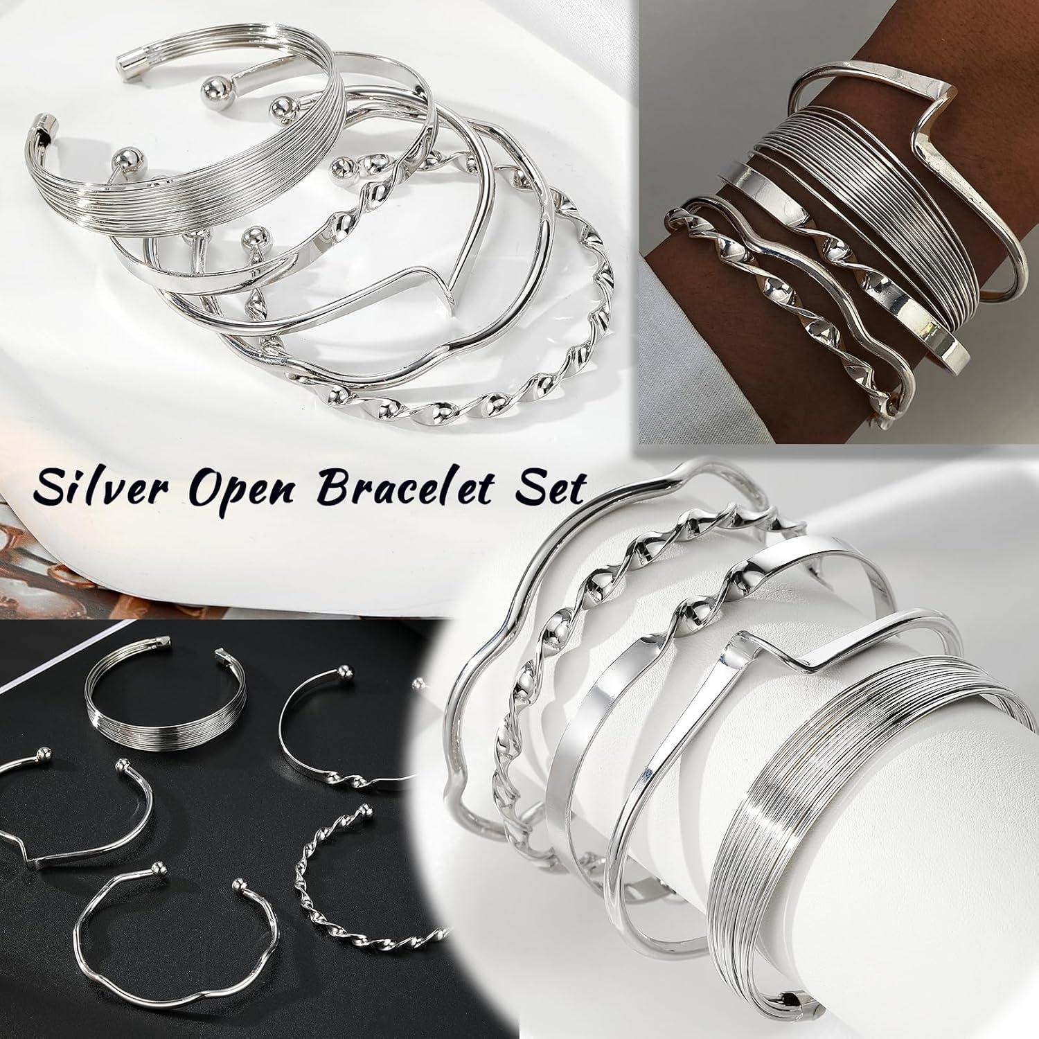 image17IF Silver Bangle Bracelet for Women 14k Multilayer Charm Textured Stackable Bracelets Lightning Bangles Indian Chunky Cuff Fashion Jewelry Gift5pcs Lightning