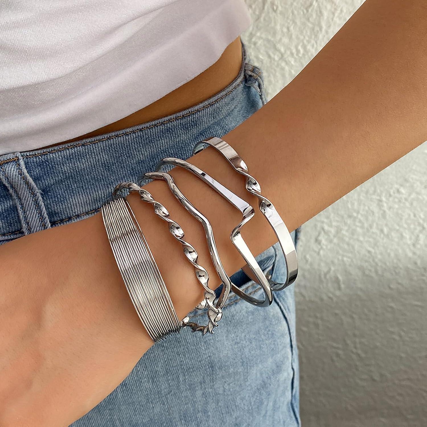 image17IF Silver Bangle Bracelet for Women 14k Multilayer Charm Textured Stackable Bracelets Lightning Bangles Indian Chunky Cuff Fashion Jewelry Gift5pcs Lightning