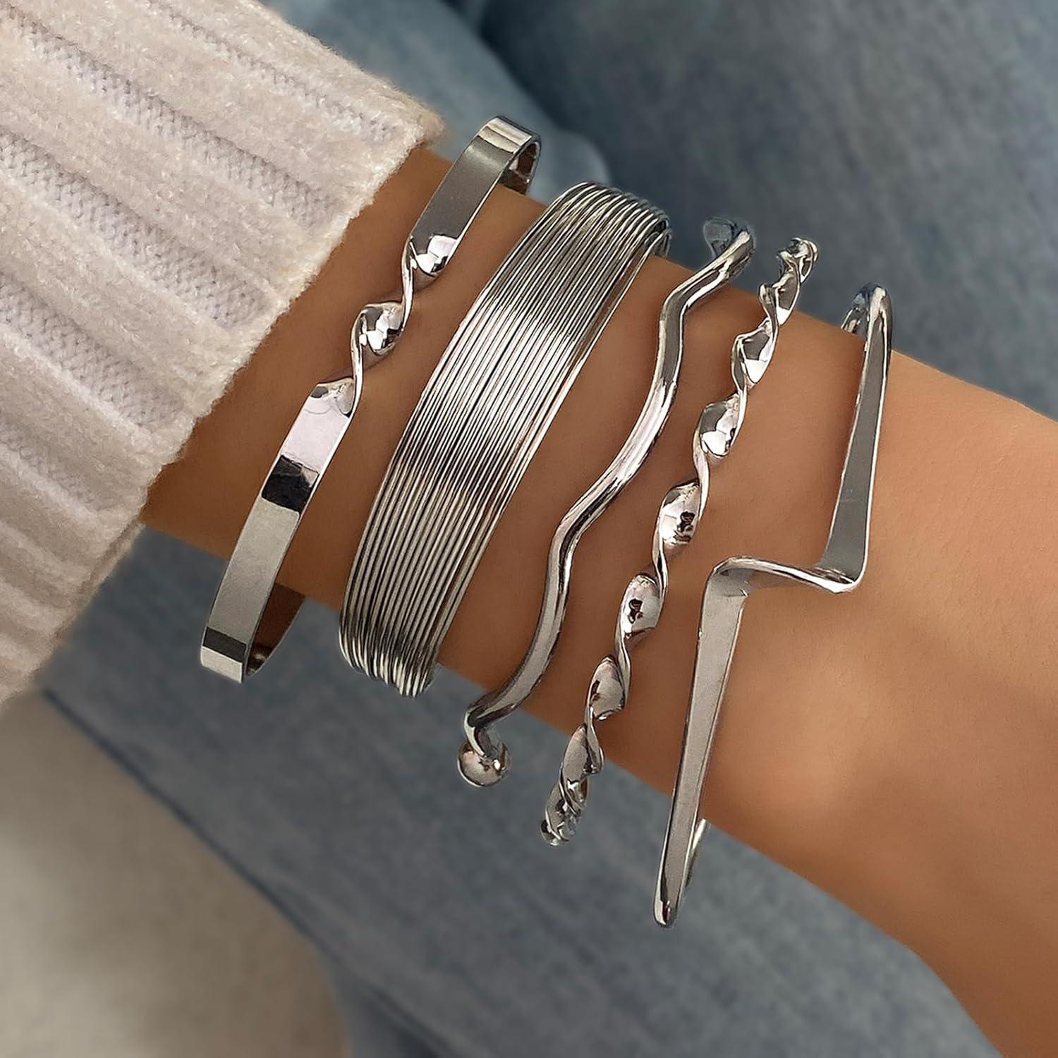image17IF Silver Bangle Bracelet for Women 14k Multilayer Charm Textured Stackable Bracelets Lightning Bangles Indian Chunky Cuff Fashion Jewelry Gift5pcs Lightning