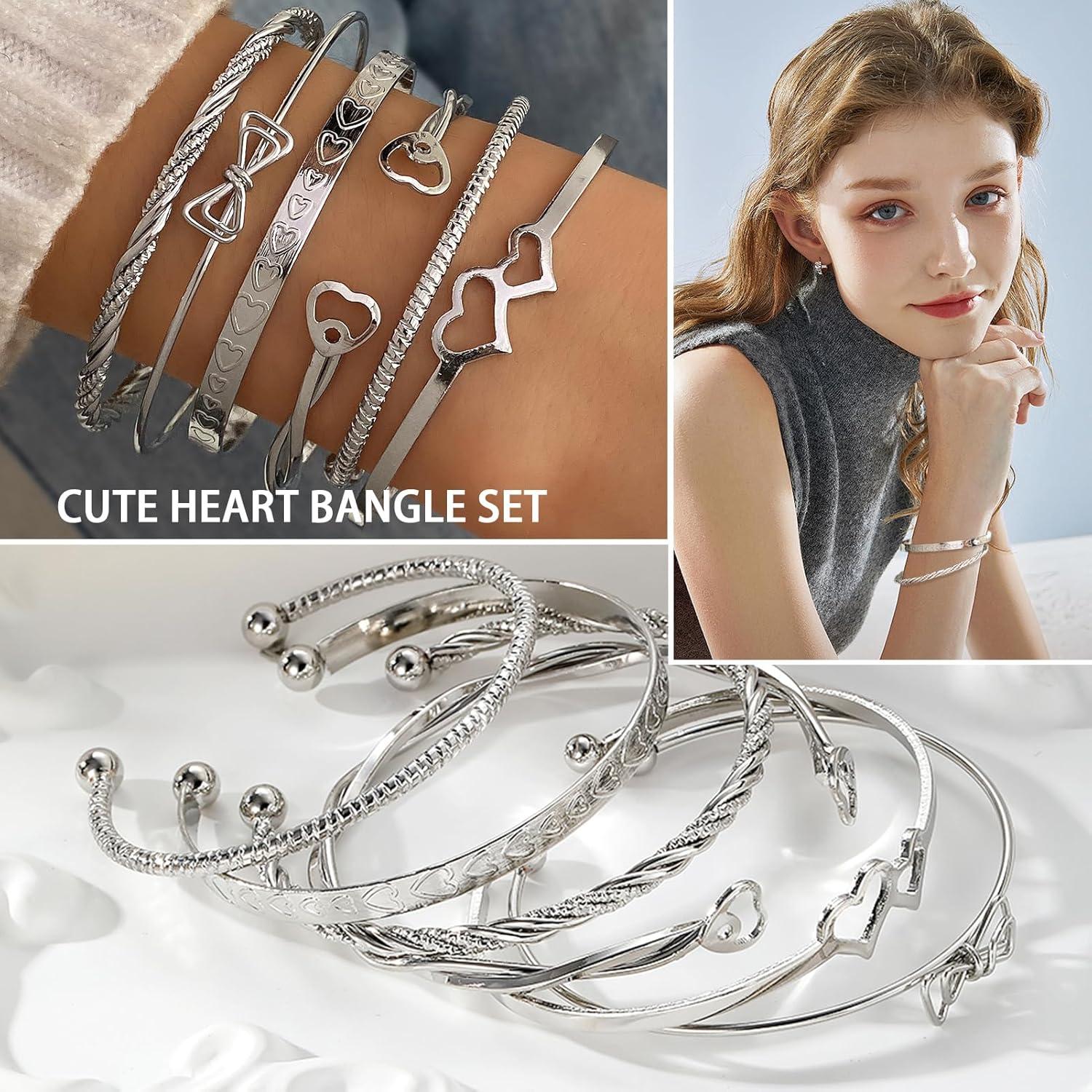image17IF Silver Bangle Bracelet for Women 14k Multilayer Charm Textured Stackable Bracelets Lightning Bangles Indian Chunky Cuff Fashion Jewelry Gift6pcs Butter