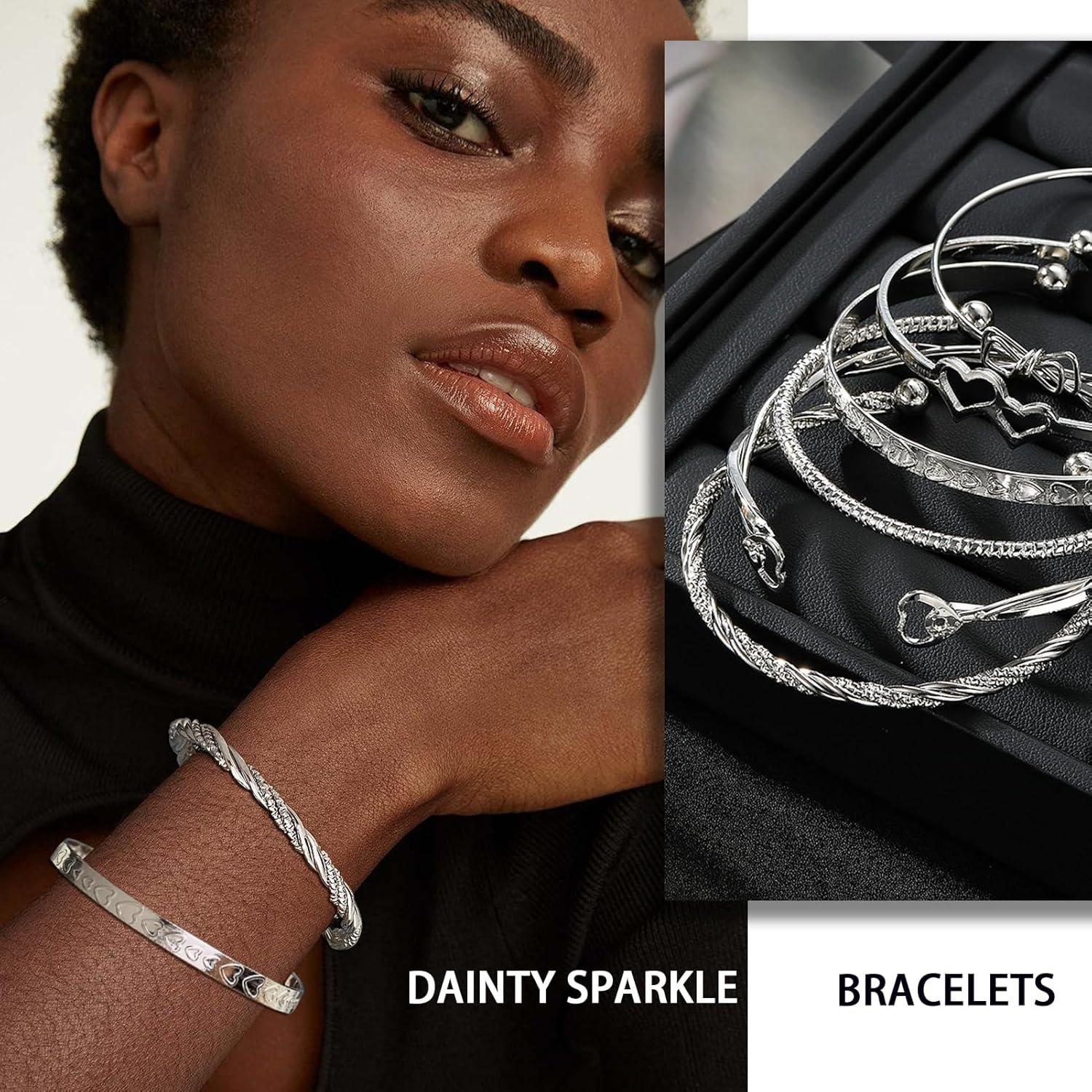 image17IF Silver Bangle Bracelet for Women 14k Multilayer Charm Textured Stackable Bracelets Lightning Bangles Indian Chunky Cuff Fashion Jewelry Gift6pcs Butter