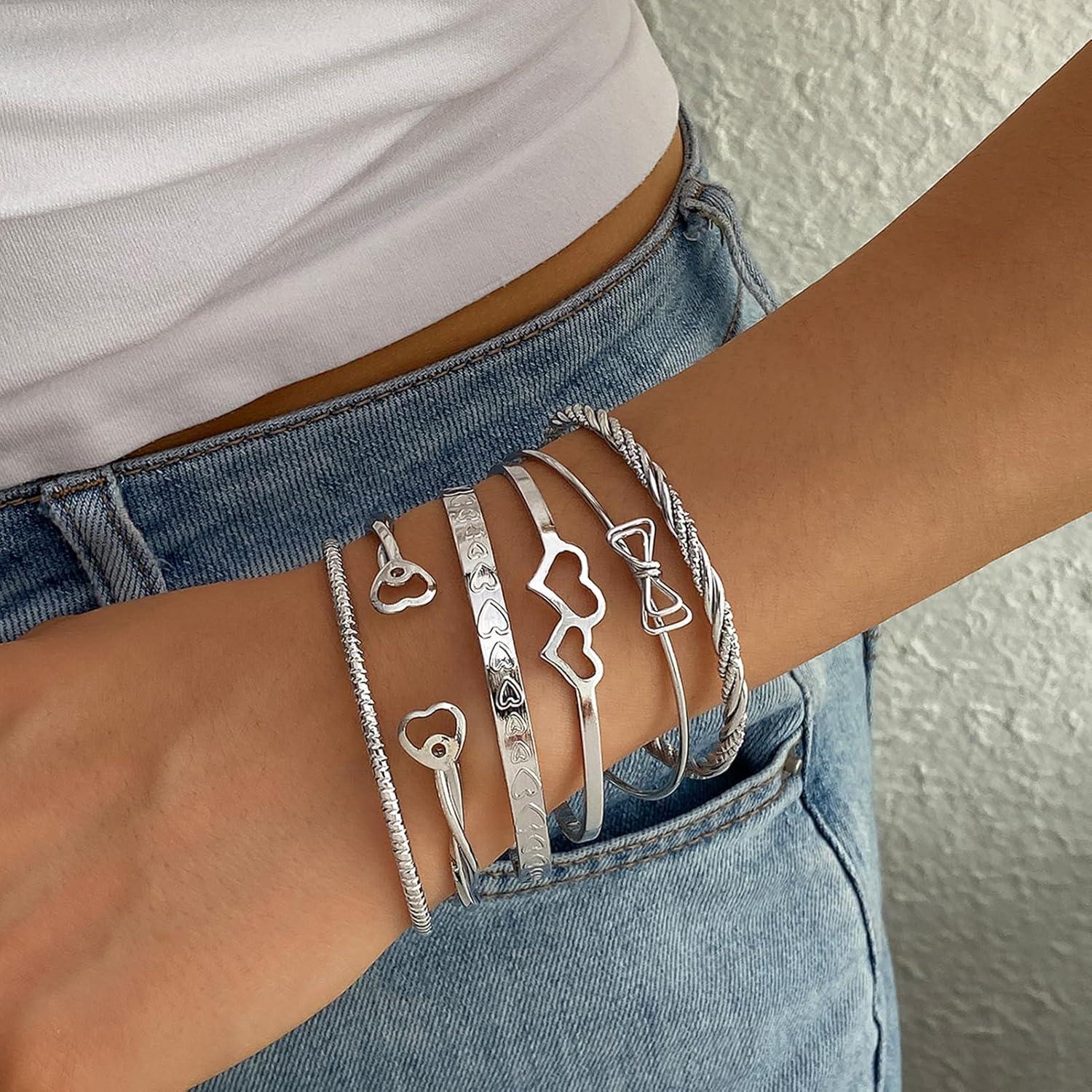 image17IF Silver Bangle Bracelet for Women 14k Multilayer Charm Textured Stackable Bracelets Lightning Bangles Indian Chunky Cuff Fashion Jewelry Gift6pcs Butter