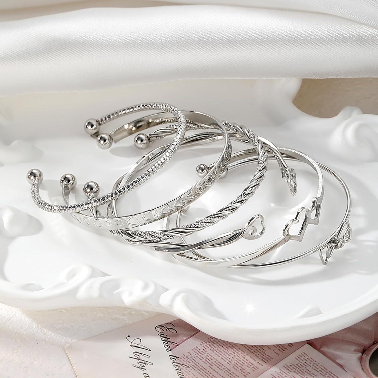 image17IF Silver Bangle Bracelet for Women 14k Multilayer Charm Textured Stackable Bracelets Lightning Bangles Indian Chunky Cuff Fashion Jewelry Gift6pcs Butter