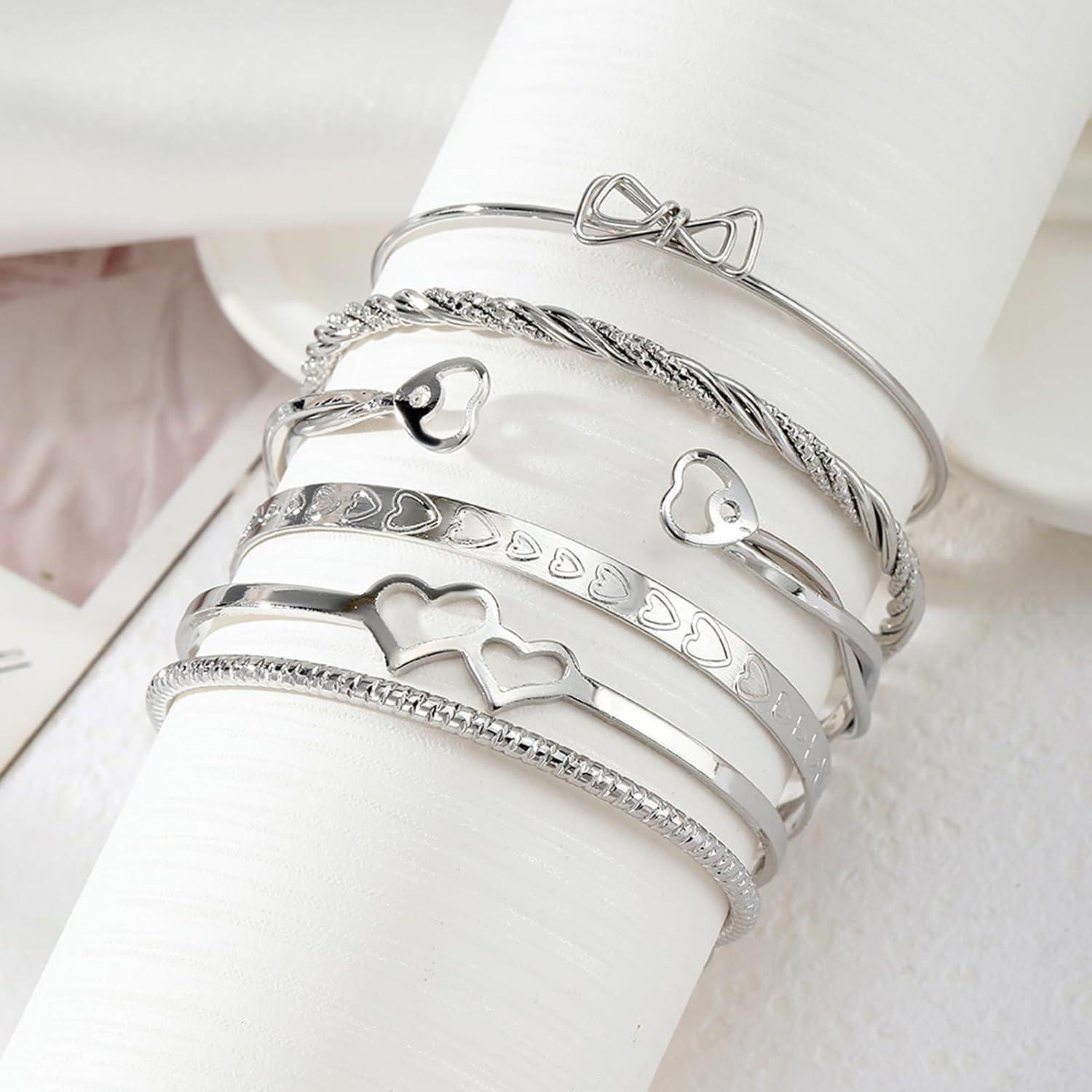 image17IF Silver Bangle Bracelet for Women 14k Multilayer Charm Textured Stackable Bracelets Lightning Bangles Indian Chunky Cuff Fashion Jewelry Gift6pcs Butter