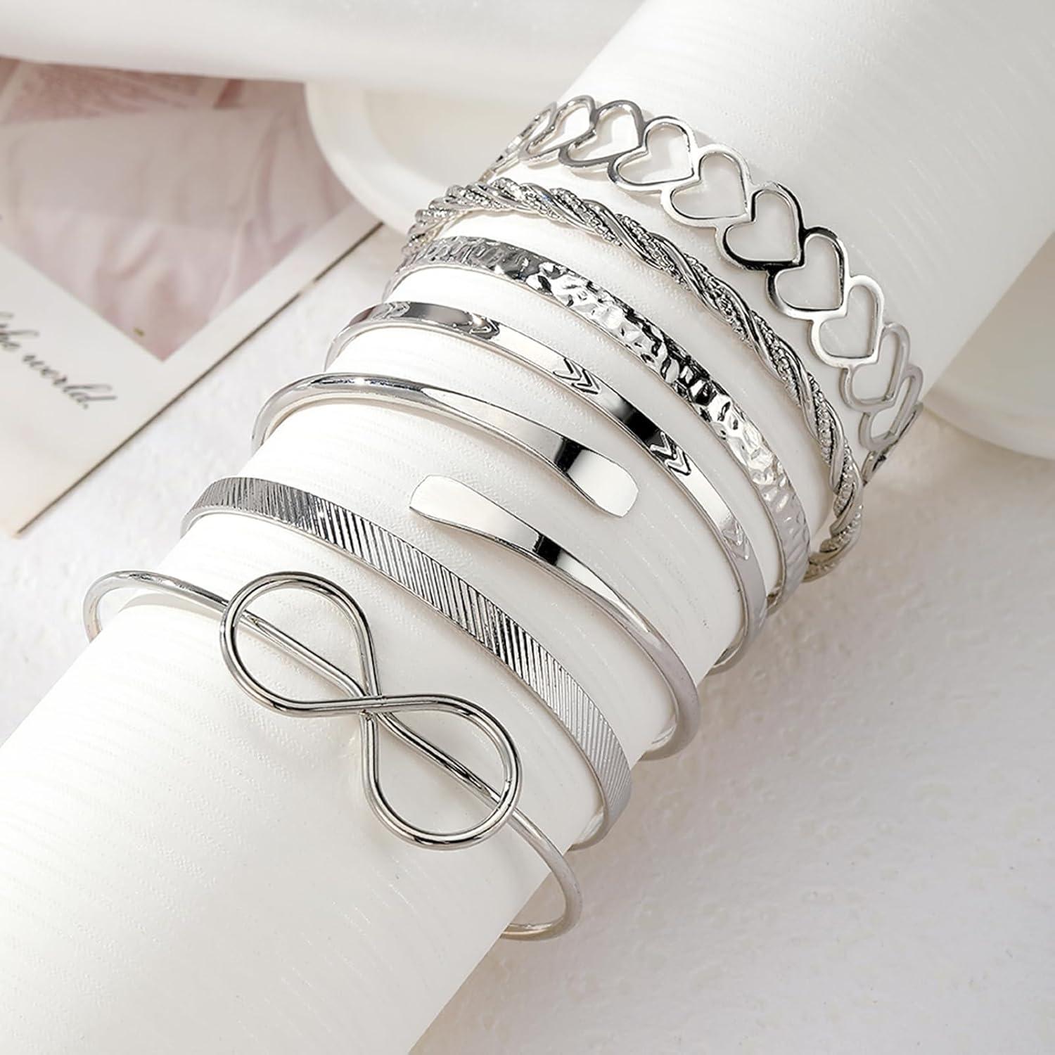 image17IF Silver Bangle Bracelet for Women 14k Multilayer Charm Textured Stackable Bracelets Lightning Bangles Indian Chunky Cuff Fashion Jewelry Gift7pcs Big Heart