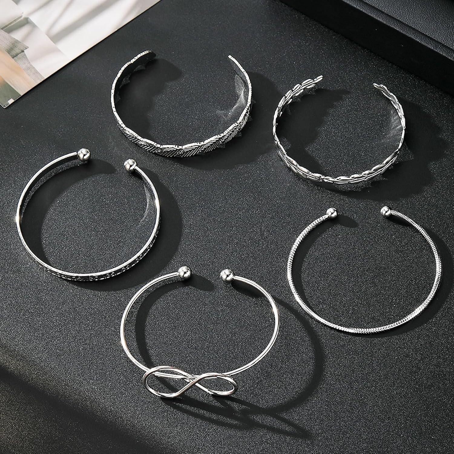 image17IF Silver Bangle Bracelet for Women 14k Multilayer Charm Textured Stackable Bracelets Lightning Bangles Indian Chunky Cuff Fashion Jewelry Gift7pcs Big Heart