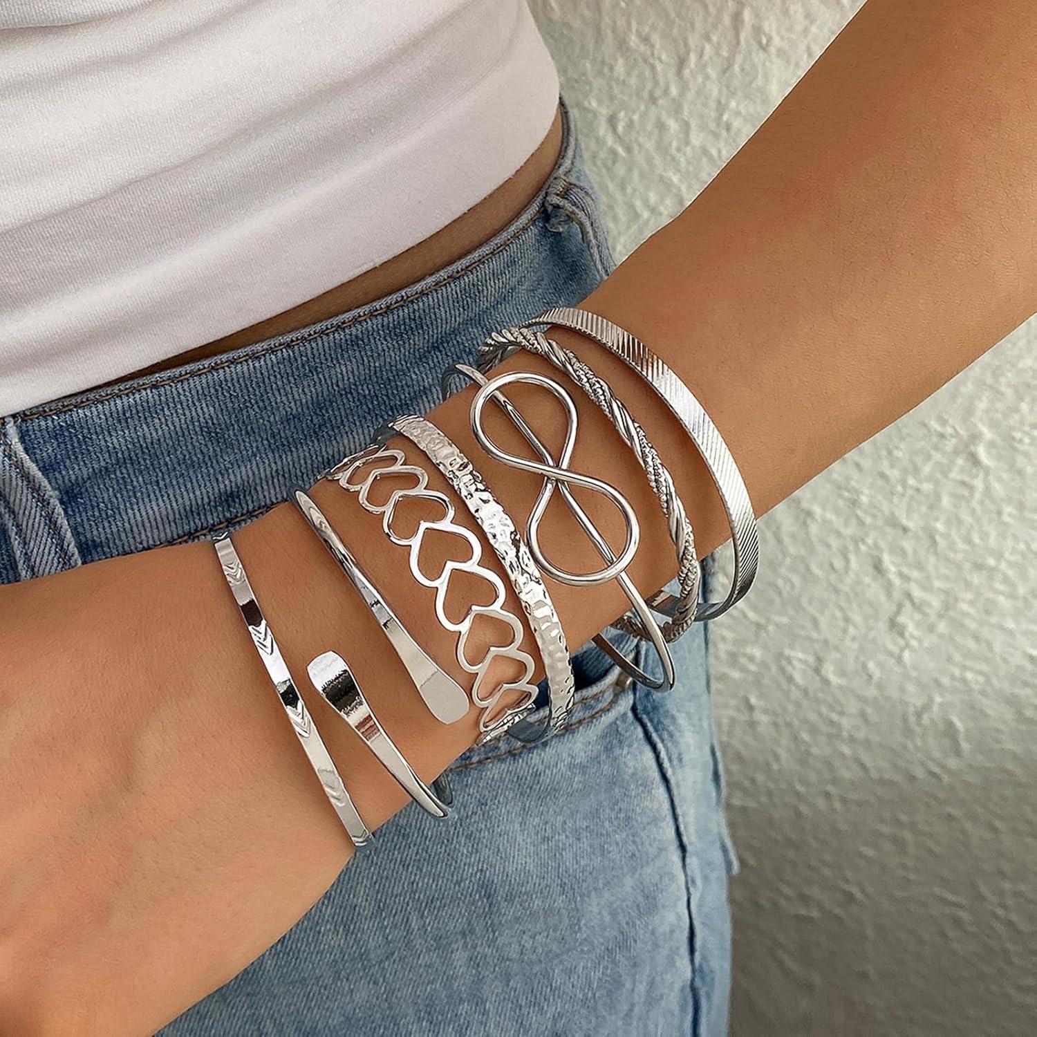 image17IF Silver Bangle Bracelet for Women 14k Multilayer Charm Textured Stackable Bracelets Lightning Bangles Indian Chunky Cuff Fashion Jewelry Gift7pcs Big Heart