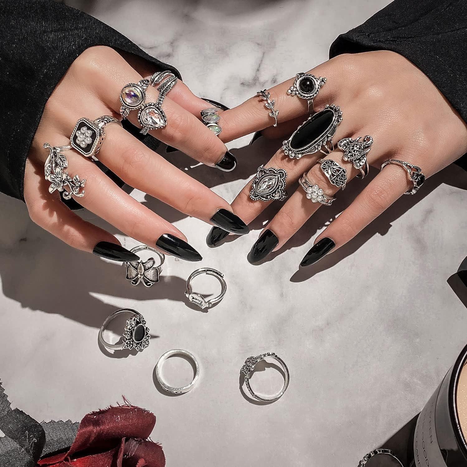 image17IF Vintage Silver Knuckle Rings Set for Women Men Chunky Rings Aesthetic Snake Grunge Stackable Gothic Ring Adjustable Y2K Punk Bulky Boho Finger Alt of Rings Stacking Fairy Skull Frog Heart Star Flower Midi Ring Pack60
