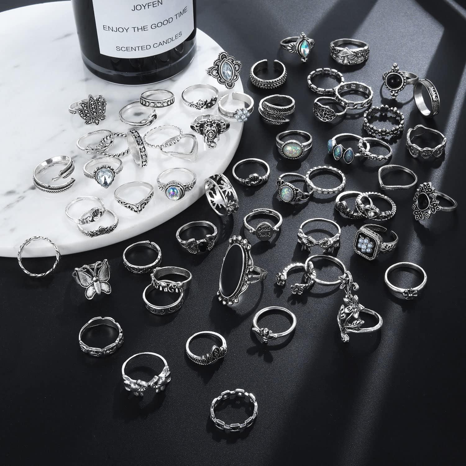 image17IF Vintage Silver Knuckle Rings Set for Women Men Chunky Rings Aesthetic Snake Grunge Stackable Gothic Ring Adjustable Y2K Punk Bulky Boho Finger Alt of Rings Stacking Fairy Skull Frog Heart Star Flower Midi Ring Pack60