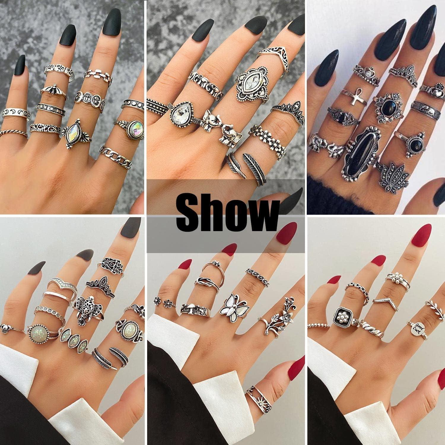 image17IF Vintage Silver Knuckle Rings Set for Women Men Chunky Rings Aesthetic Snake Grunge Stackable Gothic Ring Adjustable Y2K Punk Bulky Boho Finger Alt of Rings Stacking Fairy Skull Frog Heart Star Flower Midi Ring Pack60