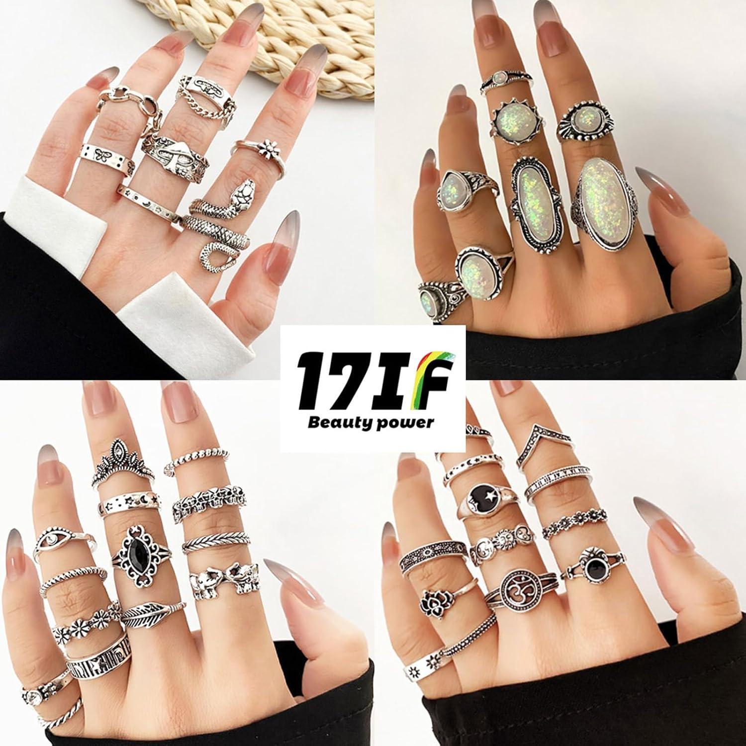 image17IF Vintage Silver Knuckle Rings Set for Women Men Chunky Rings Aesthetic Snake Grunge Stackable Gothic Ring Adjustable Y2K Punk Bulky Boho Finger Alt of Rings Stacking Fairy Skull Frog Heart Star Flower Midi Ring Pack42