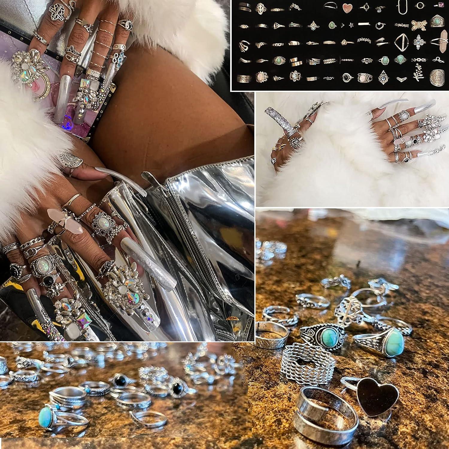 image17IF Vintage Silver Knuckle Rings Set for Women Men Chunky Rings Aesthetic Snake Grunge Stackable Gothic Ring Adjustable Y2K Punk Bulky Boho Finger Alt of Rings Stacking Fairy Skull Frog Heart Star Flower Midi Ring Pack85