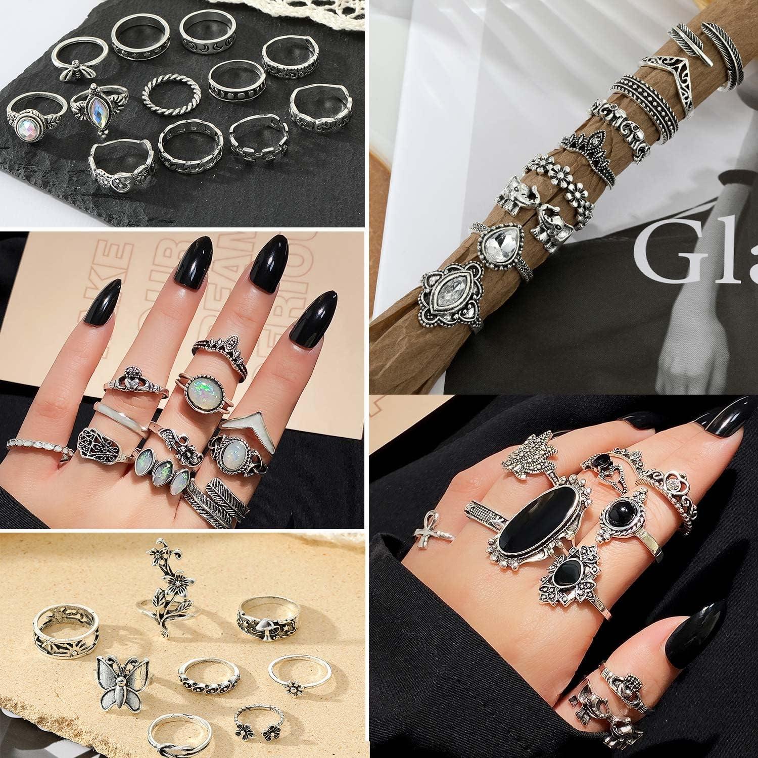 image17IF Vintage Silver Knuckle Rings Set for Women Men Chunky Rings Aesthetic Snake Grunge Stackable Gothic Ring Adjustable Y2K Punk Bulky Boho Finger Alt of Rings Stacking Fairy Skull Frog Heart Star Flower Midi Ring Pack60