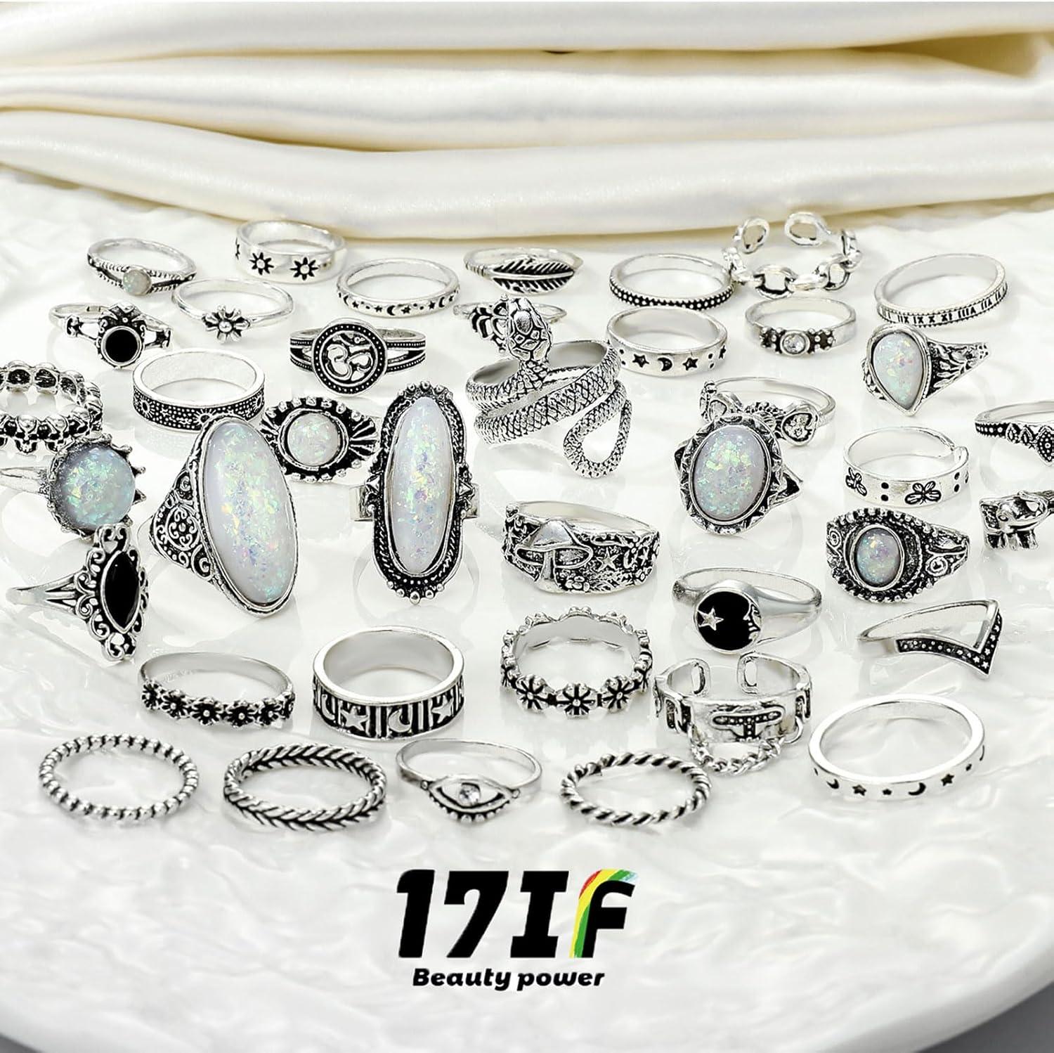 image17IF Vintage Silver Knuckle Rings Set for Women Men Chunky Rings Aesthetic Snake Grunge Stackable Gothic Ring Adjustable Y2K Punk Bulky Boho Finger Alt of Rings Stacking Fairy Skull Frog Heart Star Flower Midi Ring Pack42