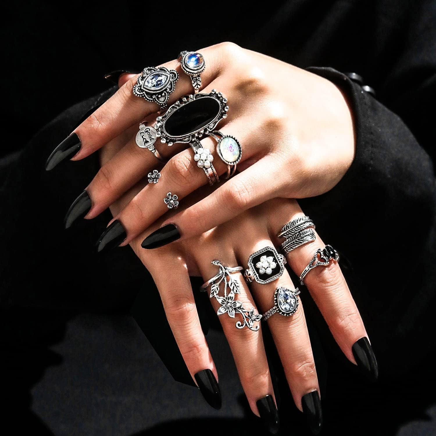 image17IF Vintage Silver Knuckle Rings Set for Women Men Chunky Rings Aesthetic Snake Grunge Stackable Gothic Ring Adjustable Y2K Punk Bulky Boho Finger Alt of Rings Stacking Fairy Skull Frog Heart Star Flower Midi Ring Pack60