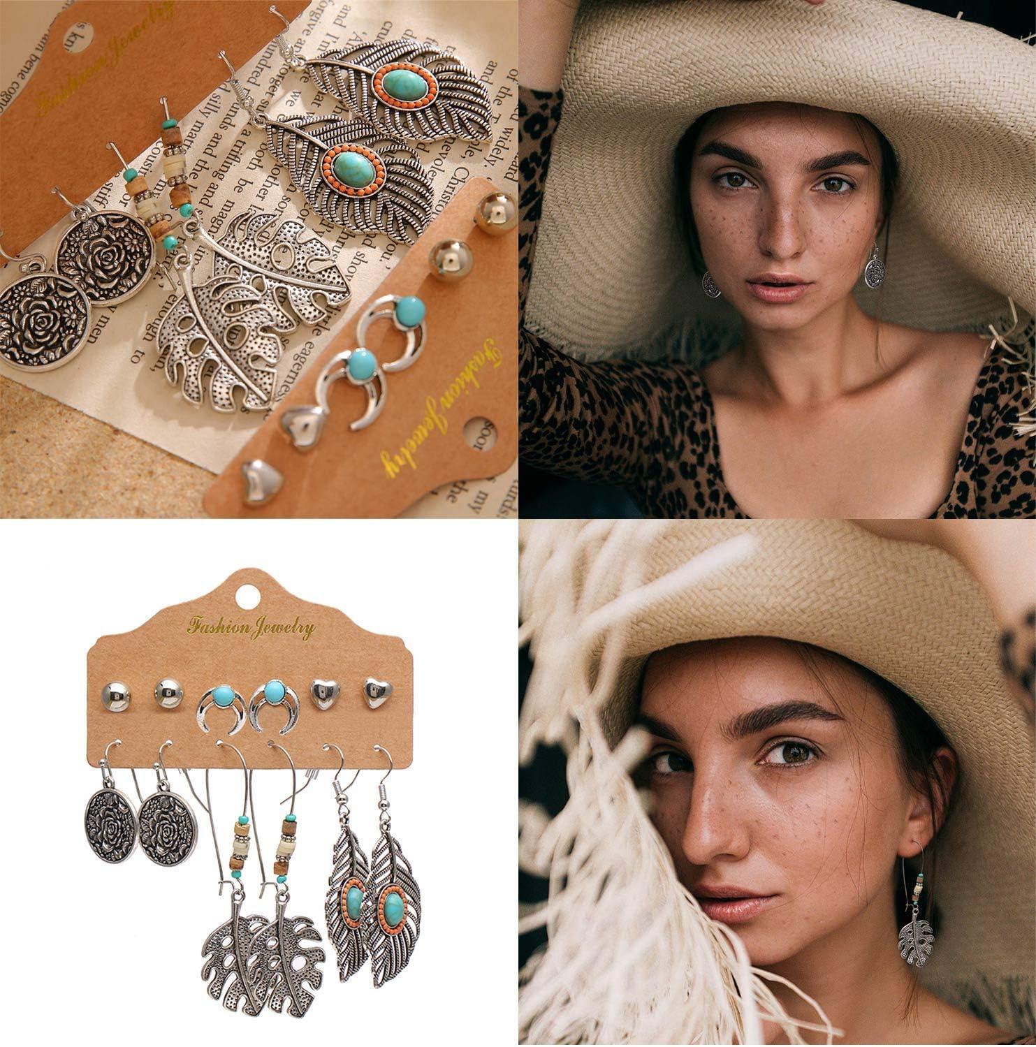 image36 pairs Boho Classic Vintage Drop Dangle Earrings Set for Women National Style Hollow Heart Shaped Alloy Studs Wood Leaf Handmade beading Eardrop