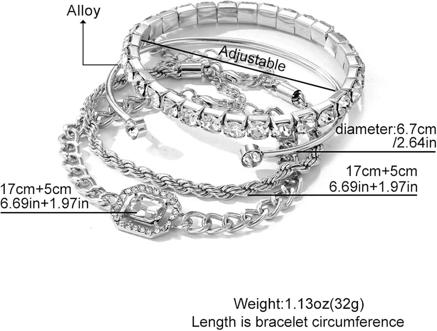 image4 Pcs Dainty Gold Silver Bracelets Set for Women 14K Plated Link Cubic Zirconia Paperclip Stake Layering Chain Adjustable Trendy Hand JewelrySilver