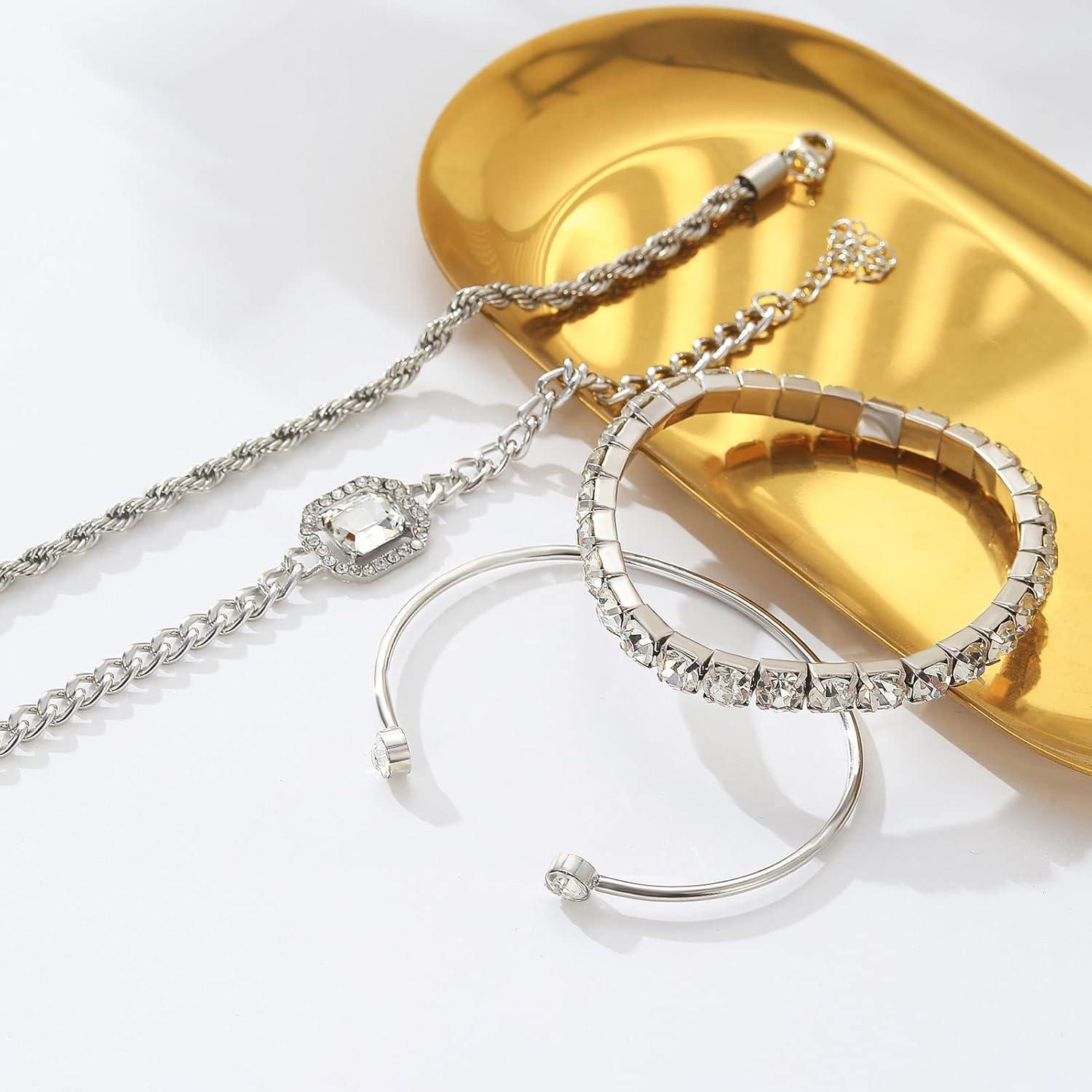 image4 Pcs Dainty Gold Silver Bracelets Set for Women 14K Plated Link Cubic Zirconia Paperclip Stake Layering Chain Adjustable Trendy Hand JewelrySilver