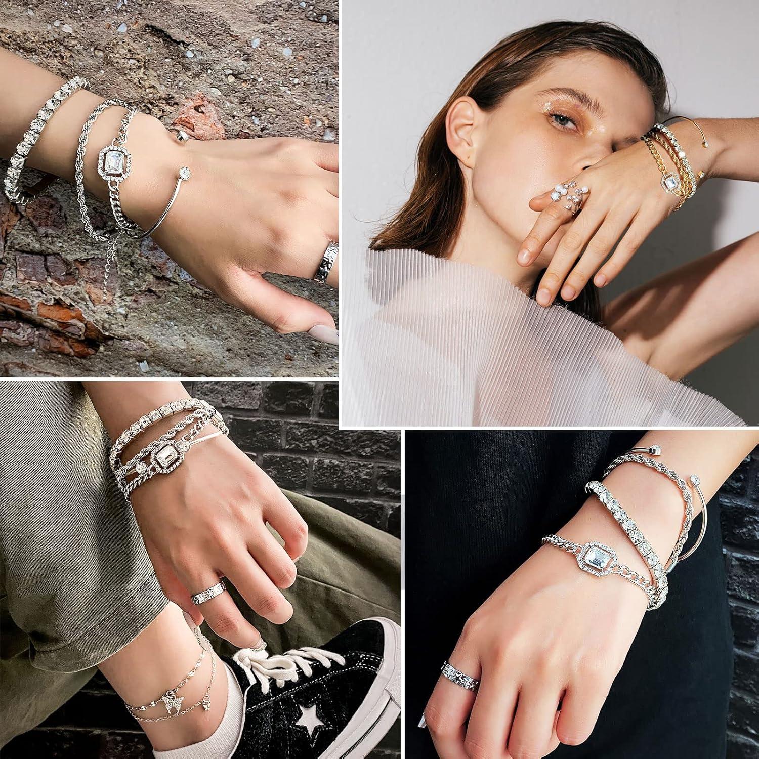 image4 Pcs Dainty Gold Silver Bracelets Set for Women 14K Plated Link Cubic Zirconia Paperclip Stake Layering Chain Adjustable Trendy Hand JewelrySilver