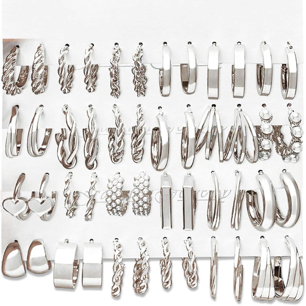 image1624 Pairs Gold Silver Black Earring Set for Women Chunky Earring Multipack Punk Trendy Big Small Stud Hoop Earring Lightweight Twisted Pearl Ear Pack For Daily Birthday Party GiftSilver