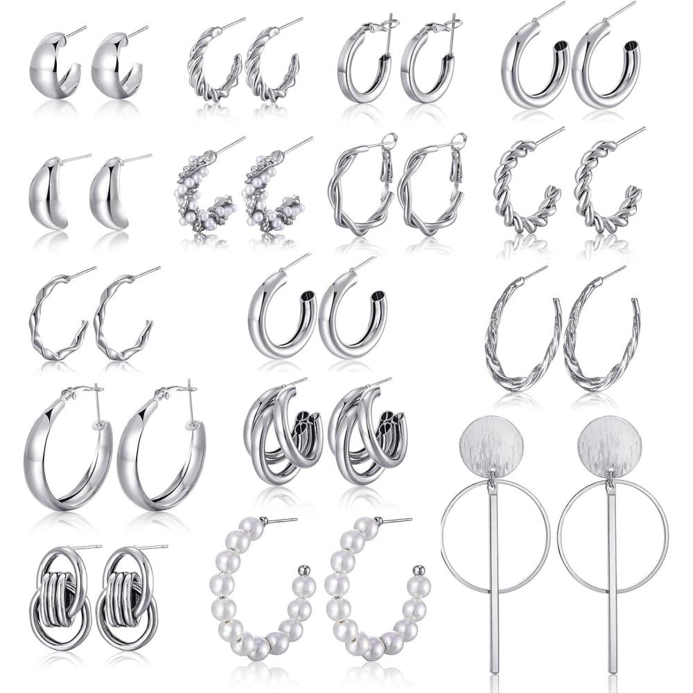 image1624 Pairs Gold Silver Black Earring Set for Women Chunky Earring Multipack Punk Trendy Big Small Stud Hoop Earring Lightweight Twisted Pearl Ear Pack For Daily Birthday Party GiftSilverB