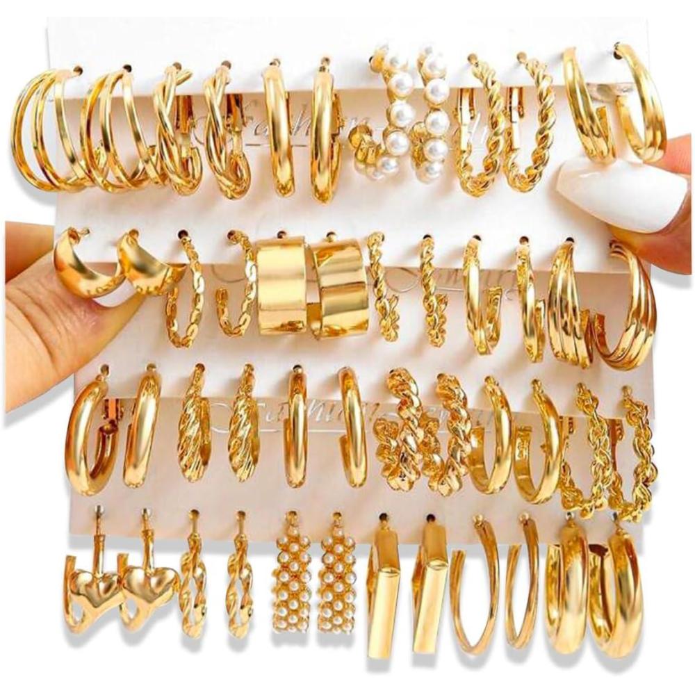 image1624 Pairs Gold Silver Black Earring Set for Women Chunky Earring Multipack Punk Trendy Big Small Stud Hoop Earring Lightweight Twisted Pearl Ear Pack For Daily Birthday Party GiftGolden