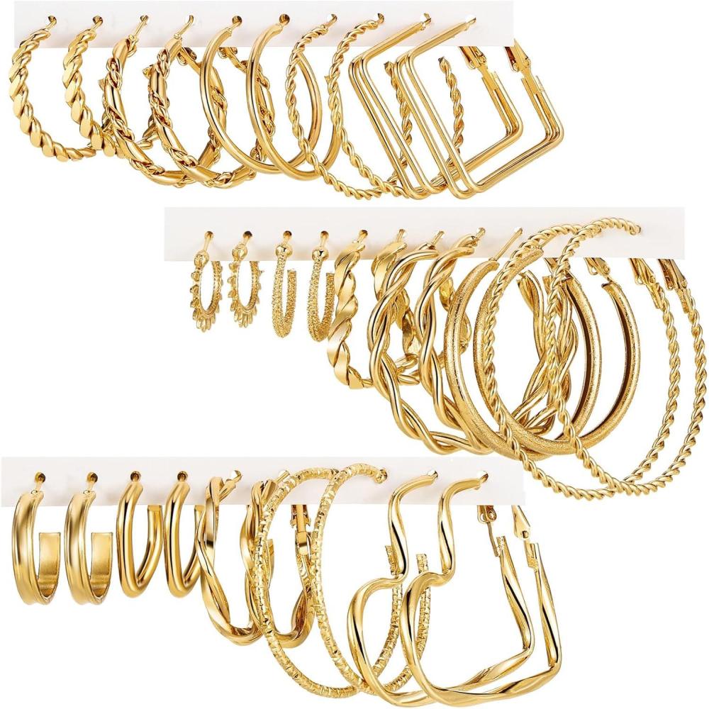 image1624 Pairs Gold Silver Black Earring Set for Women Chunky Earring Multipack Punk Trendy Big Small Stud Hoop Earring Lightweight Twisted Pearl Ear Pack For Daily Birthday Party GiftGoldenB
