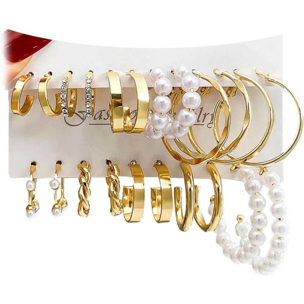 image17IF 10 Pairs Gold Hoop Earring Set for Women14K Gold Chunky Punk Earring Multipack Smooth Surface Trendy Big Small Stud Earring Lightweight Twisted Pearl Ear Pack For Birthday Party Gift