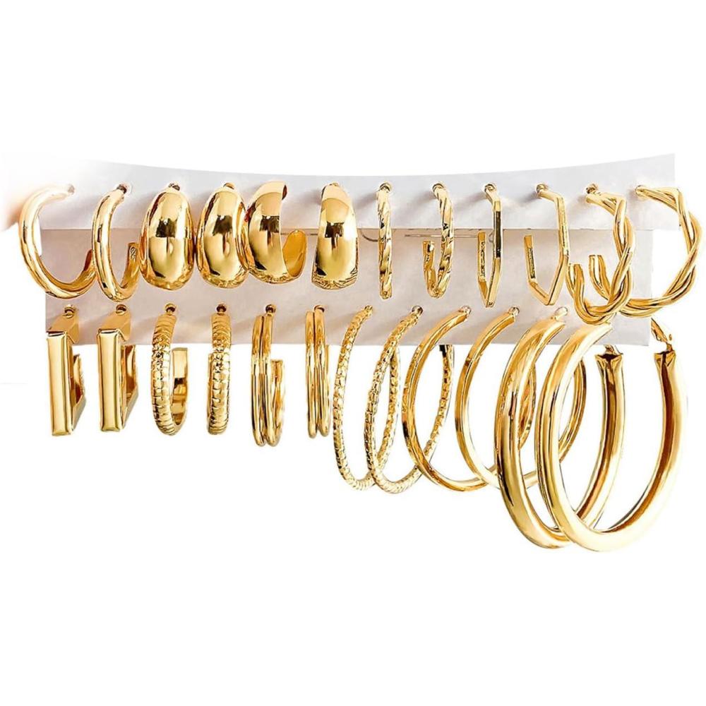 image17IF 12 Pairs Golden Hoop Earring Set for Women Chunky Smooth Surface Trendy Small to Big Stud Earring Lightweight Twisted Pearl Ear PackAA