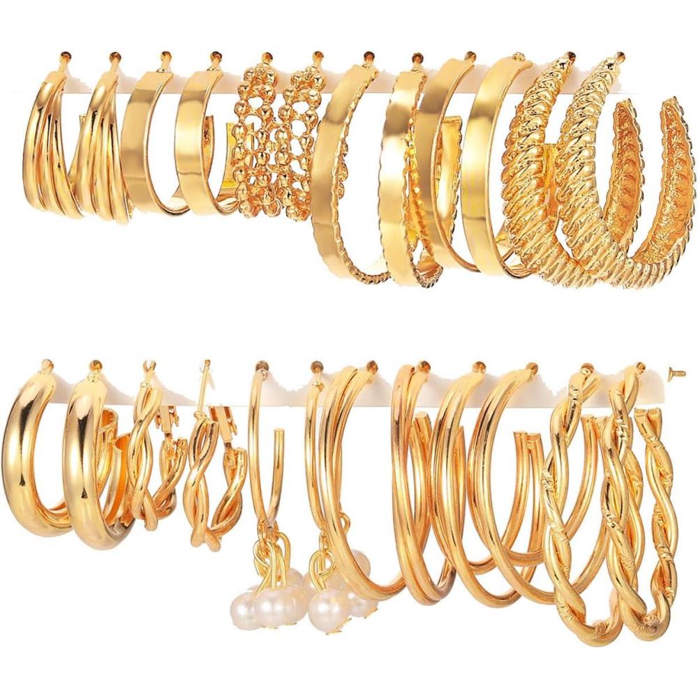 image17IF 12 Pairs Golden Hoop Earring Set for Women Chunky Smooth Surface Trendy Small to Big Stud Earring Lightweight Twisted Pearl Ear PackB