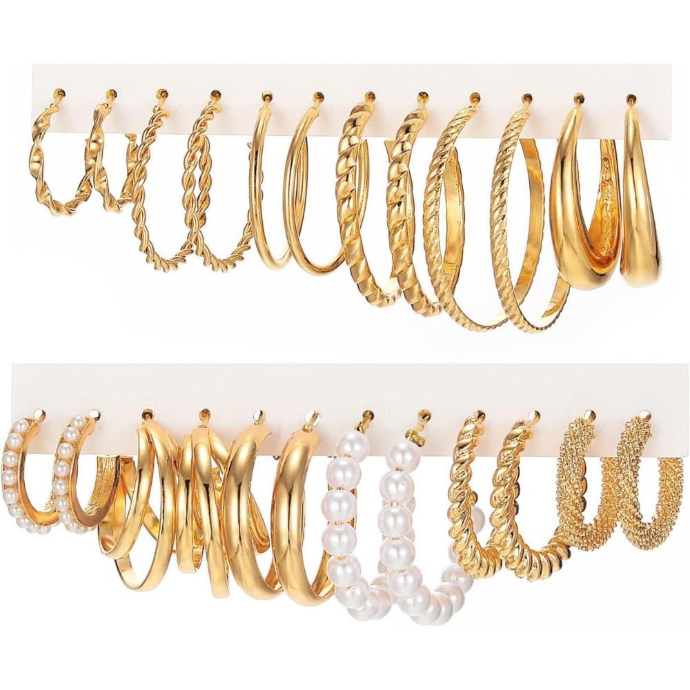 image17IF 12 Pairs Golden Hoop Earring Set for Women Chunky Smooth Surface Trendy Small to Big Stud Earring Lightweight Twisted Pearl Ear PackC