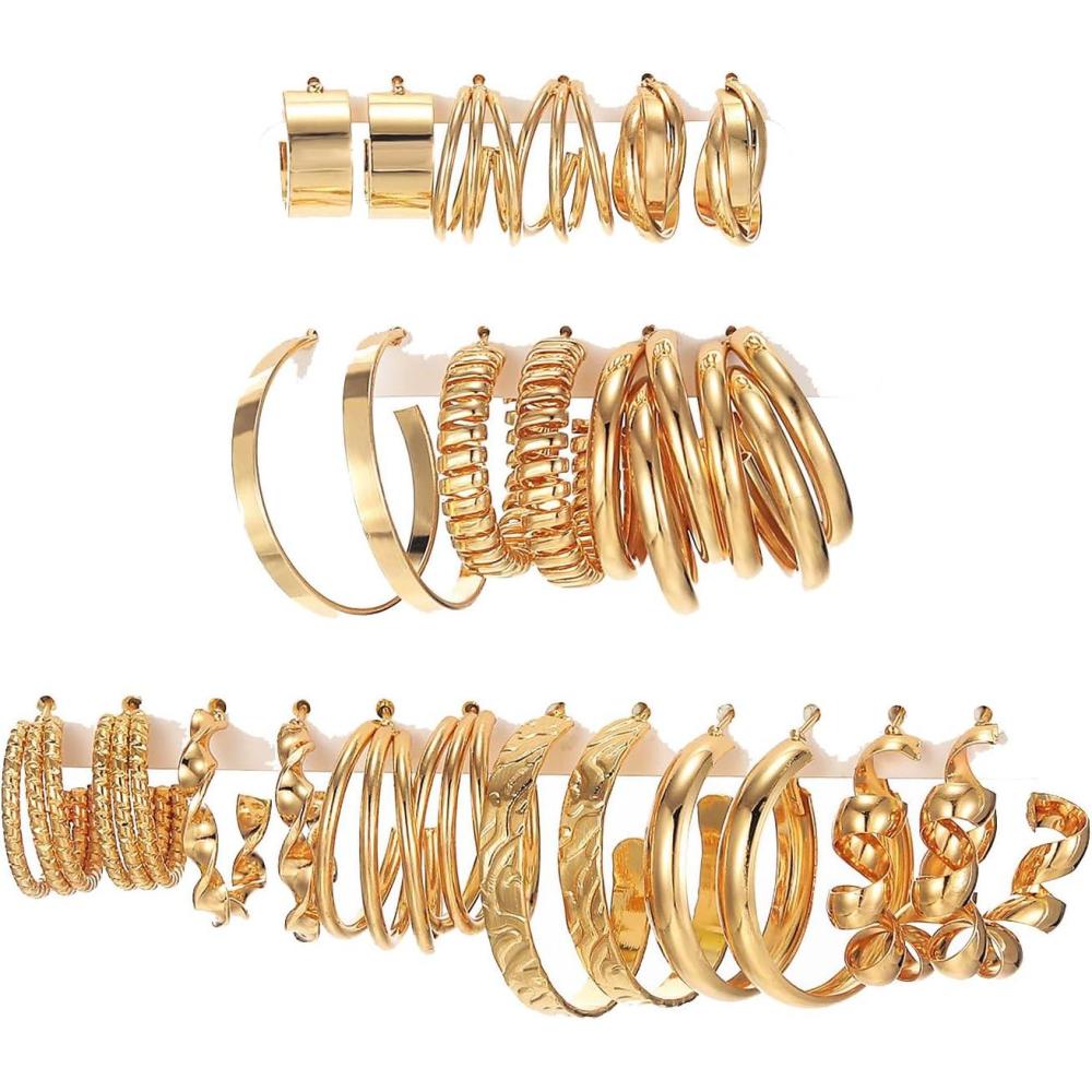 image17IF 12 Pairs Golden Hoop Earring Set for Women Chunky Smooth Surface Trendy Small to Big Stud Earring Lightweight Twisted Pearl Ear PackD