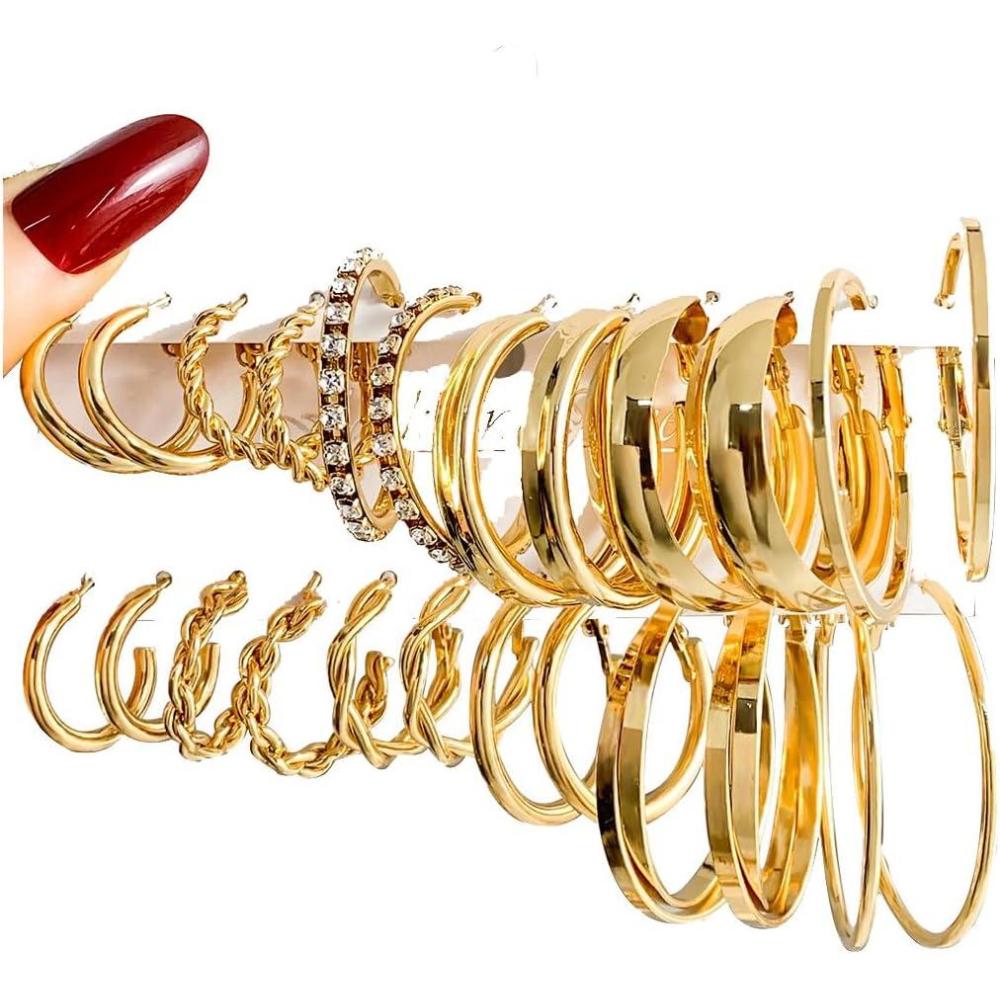 image17IF 12 Pairs Golden Hoop Earring Set for Women Chunky Smooth Surface Trendy Small to Big Stud Earring Lightweight Twisted Pearl Ear PackE