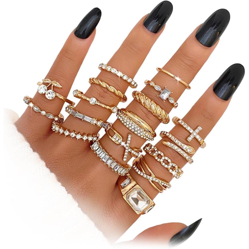 image17IF 18 PCS Dainty 14K Gold Ring Set for Women Sparkle Chunky Quartet Diamoned Clean Aesthetic Cross Snake Cherry Classy Designs Plus Size for Stacking on Thumb KnuckleClassic