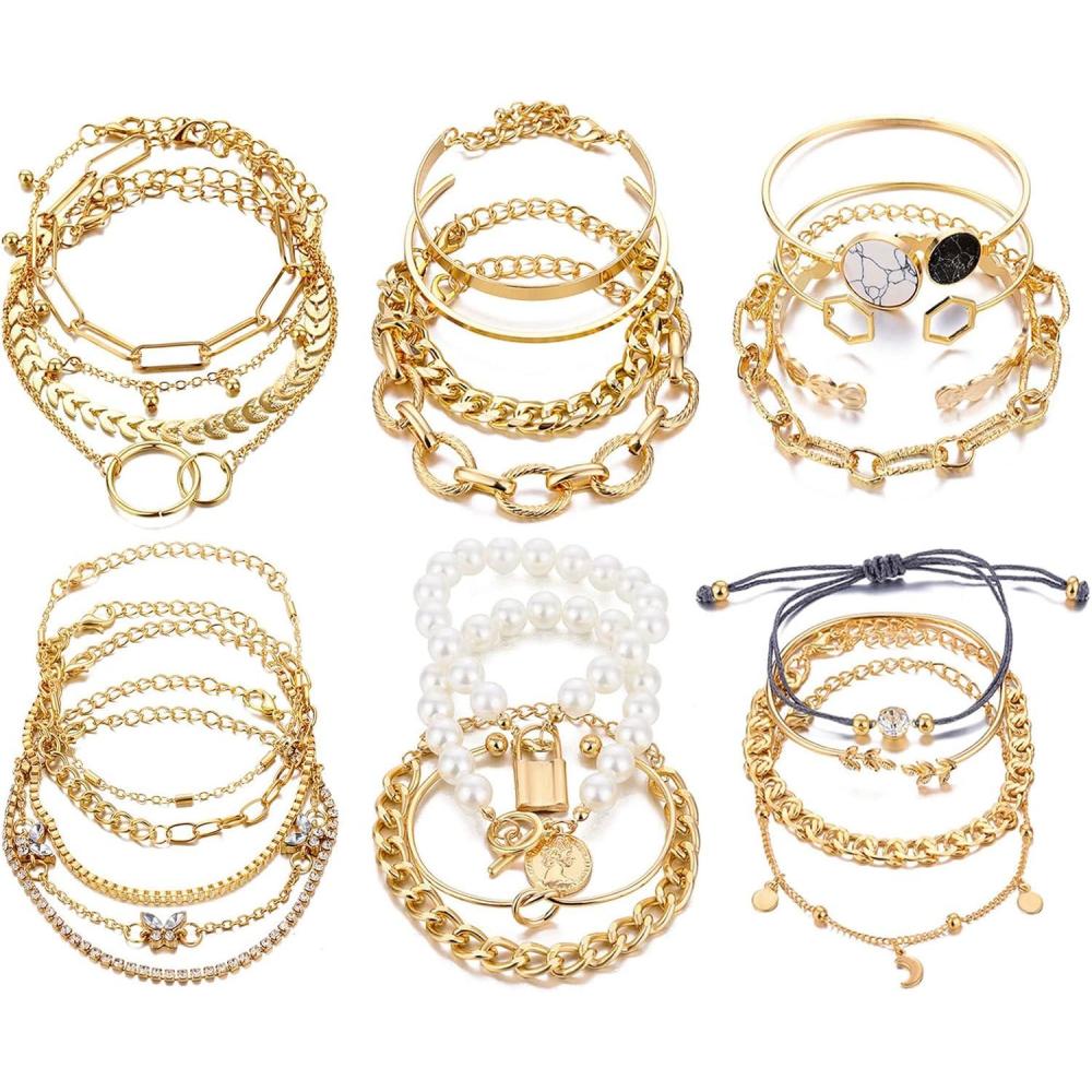 image17IF 1825 PCS6 Pack Boho Gold Bracelets Set for Women Stackable Chunky Dainty Bangles Adjustable Chain Flat Cuff Cuban Punk Charm Bundle JewelryGold