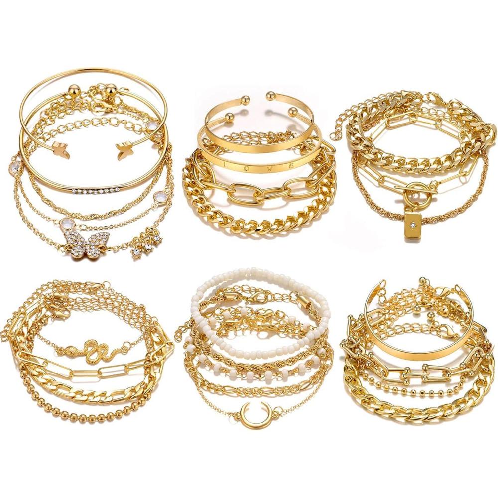 image17IF 2425 Pcs 6 Pack 14K Gold Ankle Bracelets Set for Women Boho Stackable Bangles Cuff Charm Chunky Wrist JewelryGoldA